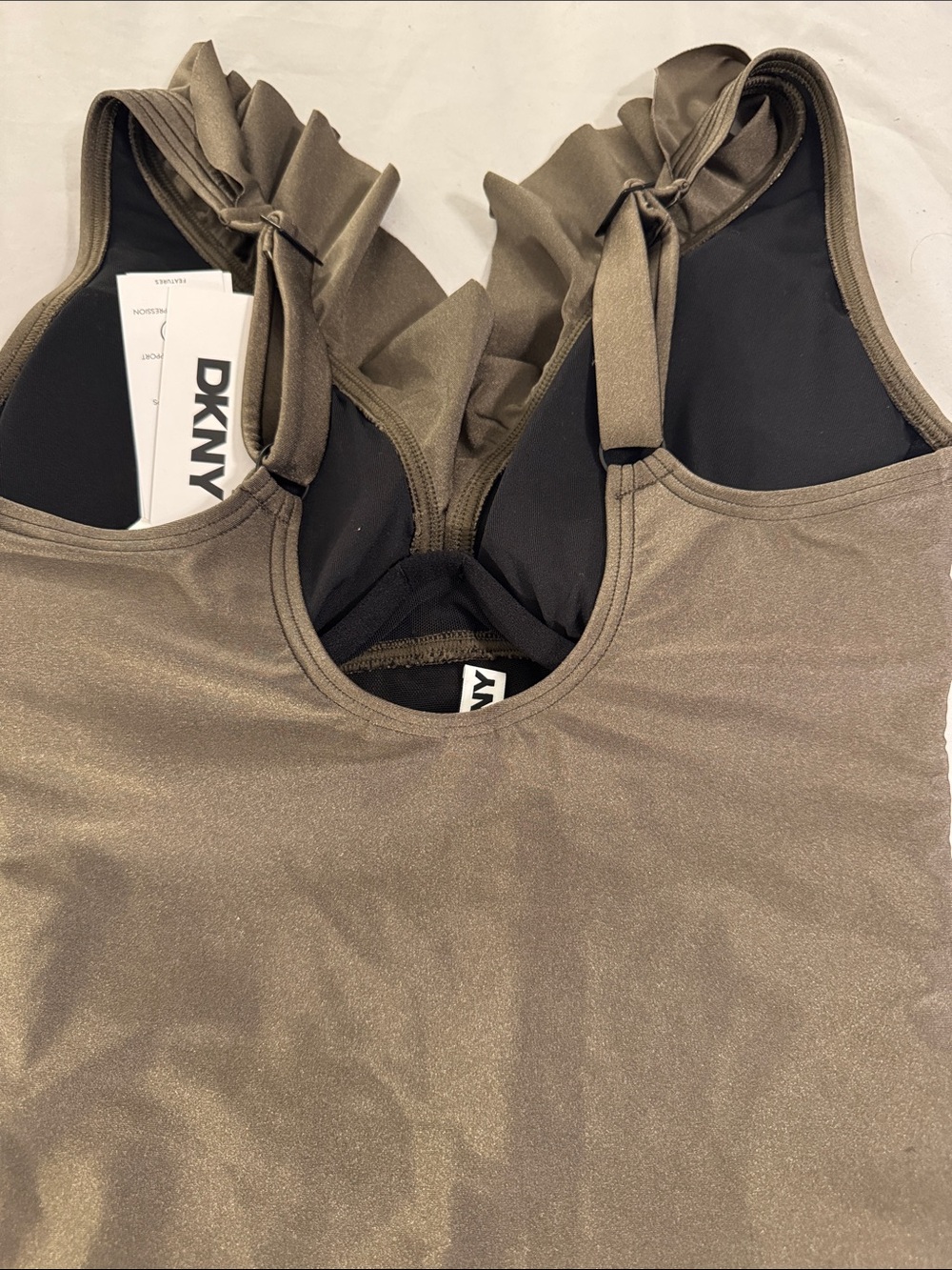 DKNY Ruched Olive Green One-Piece Swimsuit with Ruffle V-Neck - Picture 9 of 11